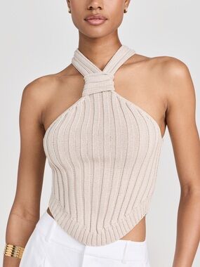 Line & Dot Cream Twist Halter Ribbed Tank